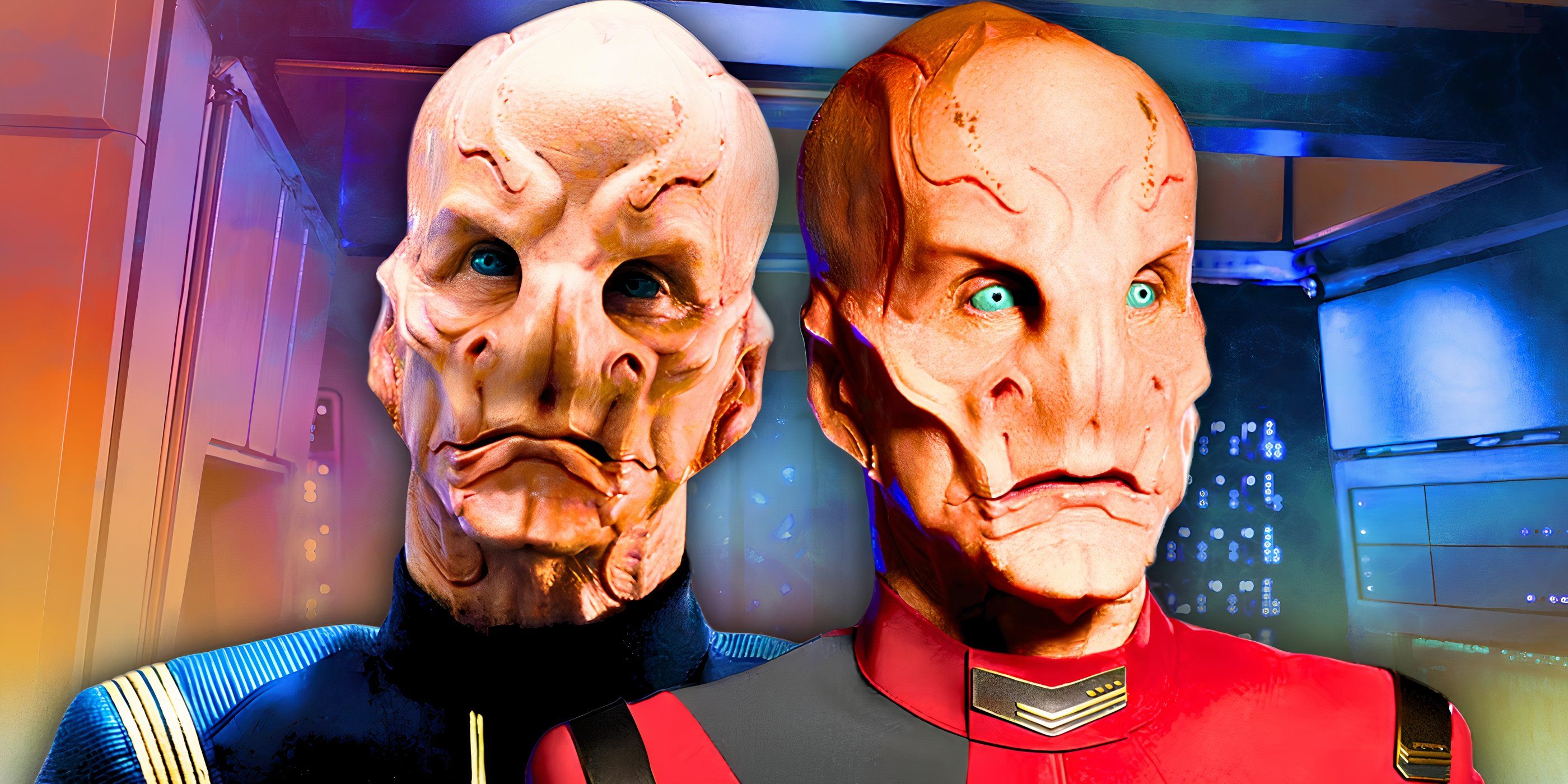 Two images of Doug Jones as Saru from Star Trek: Discovery, from season 1 and season 5 respectively.