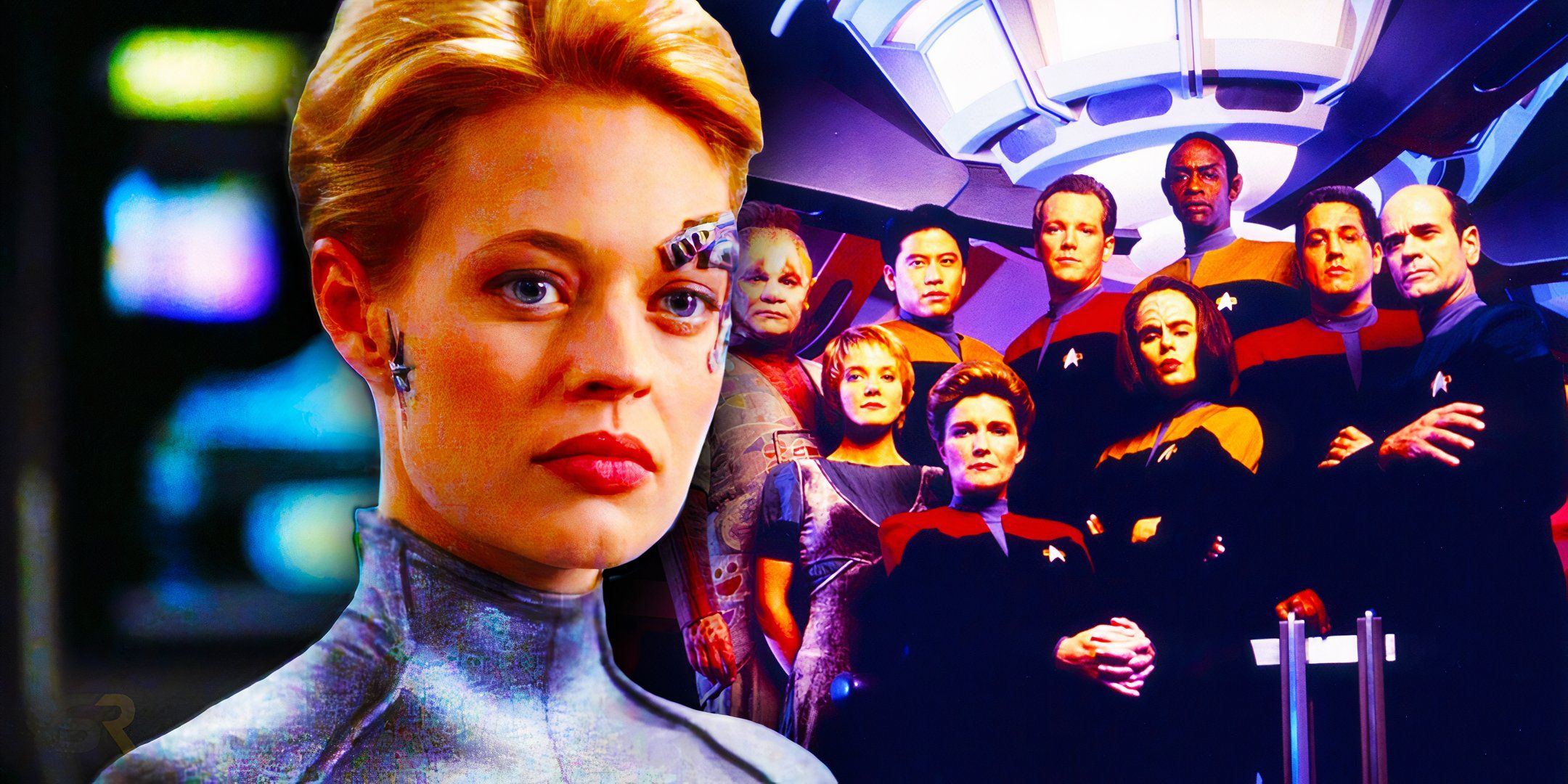 A collage of Seven of Nine in her silver outfit staring beyond the camera with the Star Trek: Voyager season 3 cast in the background.