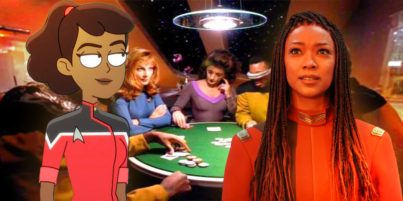 Beckett Mariner from Star Trek: Lower Decks and Michael Burnham from Star Trek: Discovery with the TNG poker game as a backdrop
