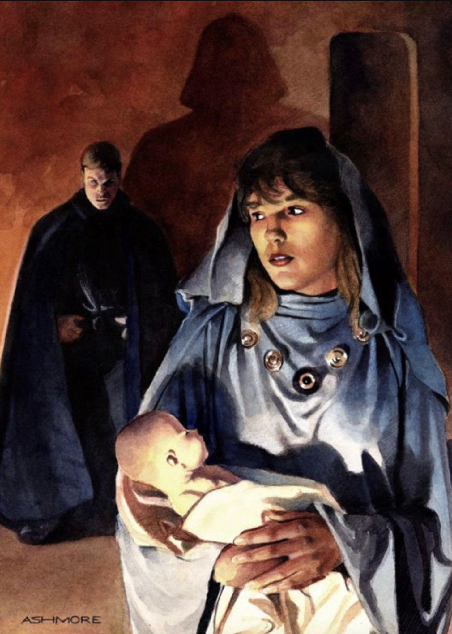 Star Wars artwork depicting an early vision of Padme, Luke Skywalker, and Anakin Skywalker (with the shadow of Darth Vader).