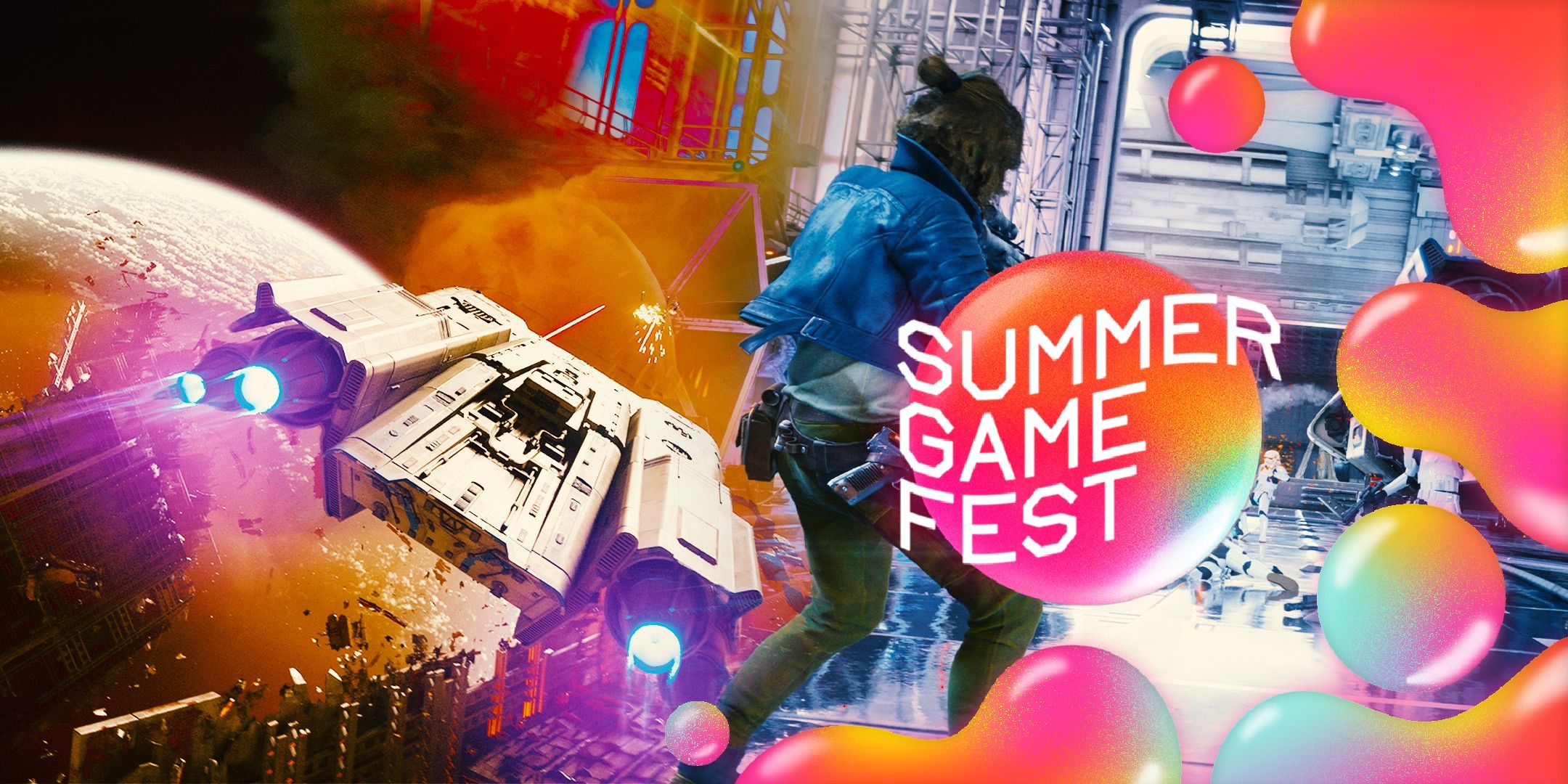 Star Wars Outlaws: Kay Wess en batalla con un barco de fondo y el logo del Summer Game Fest.