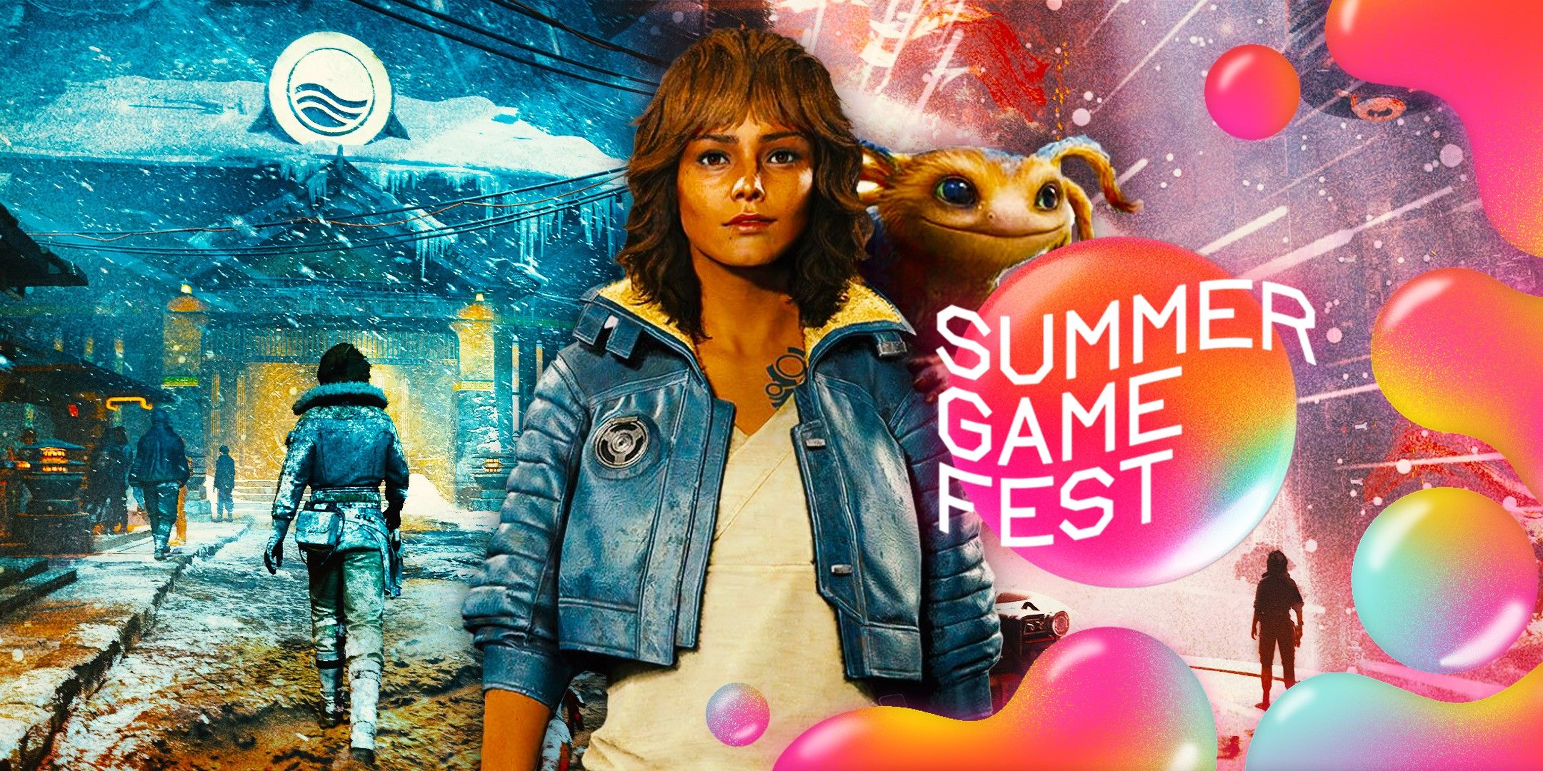 Star Wars Outlaws' Nix and Kay Vess on a background of gameplay with the Summer Game Fest logo