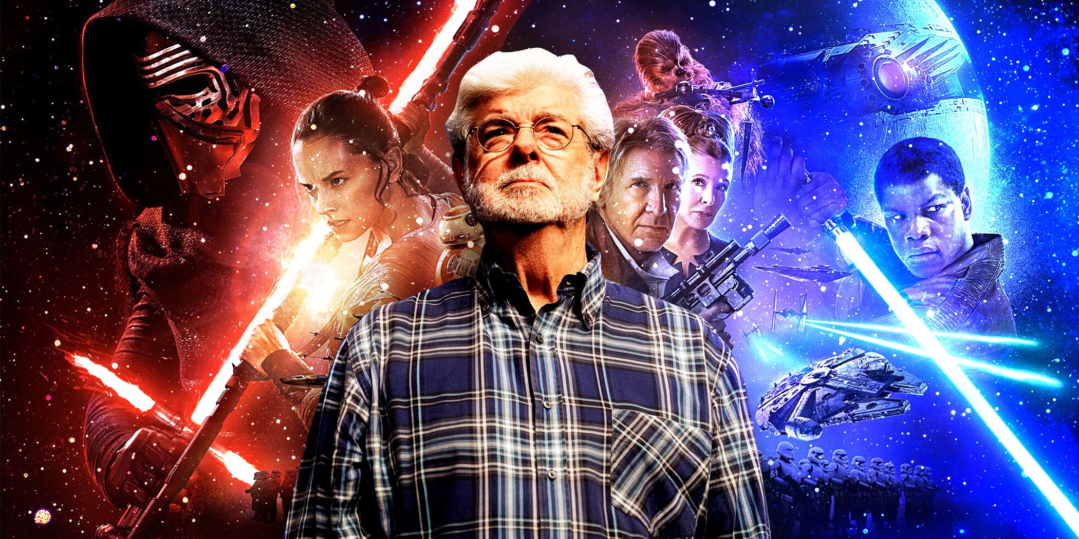 George Lucas in front of images from the sequel trilogy posters