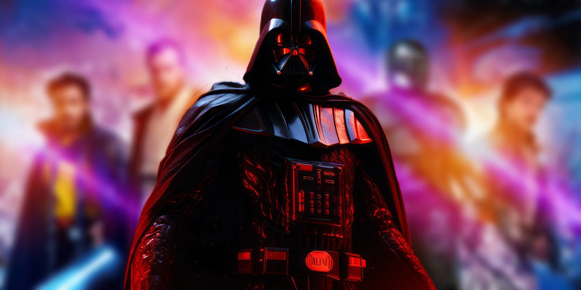 A blurred image of Star Wars' TV characters behind Darth Vader