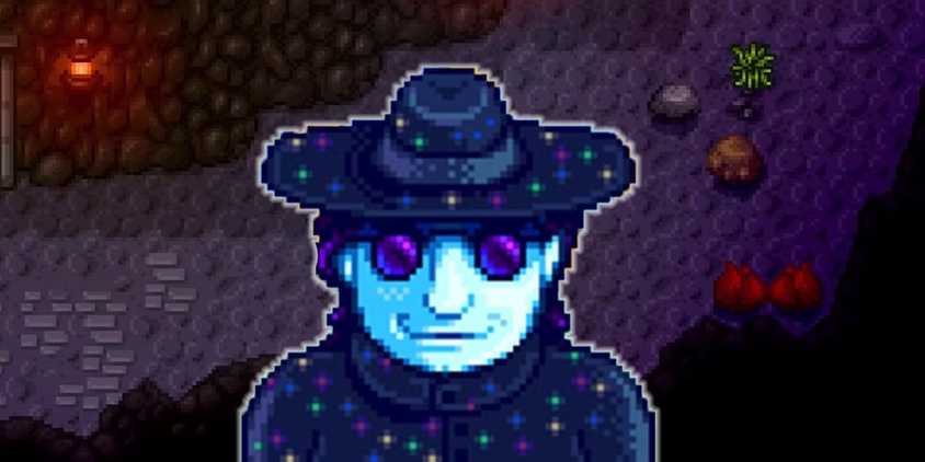 Mr Qi from Stardew Valley is wearing a blue sparkly hat, shiny purple glasses, and a blue sparkly top. He is smirking creepily at the camera.