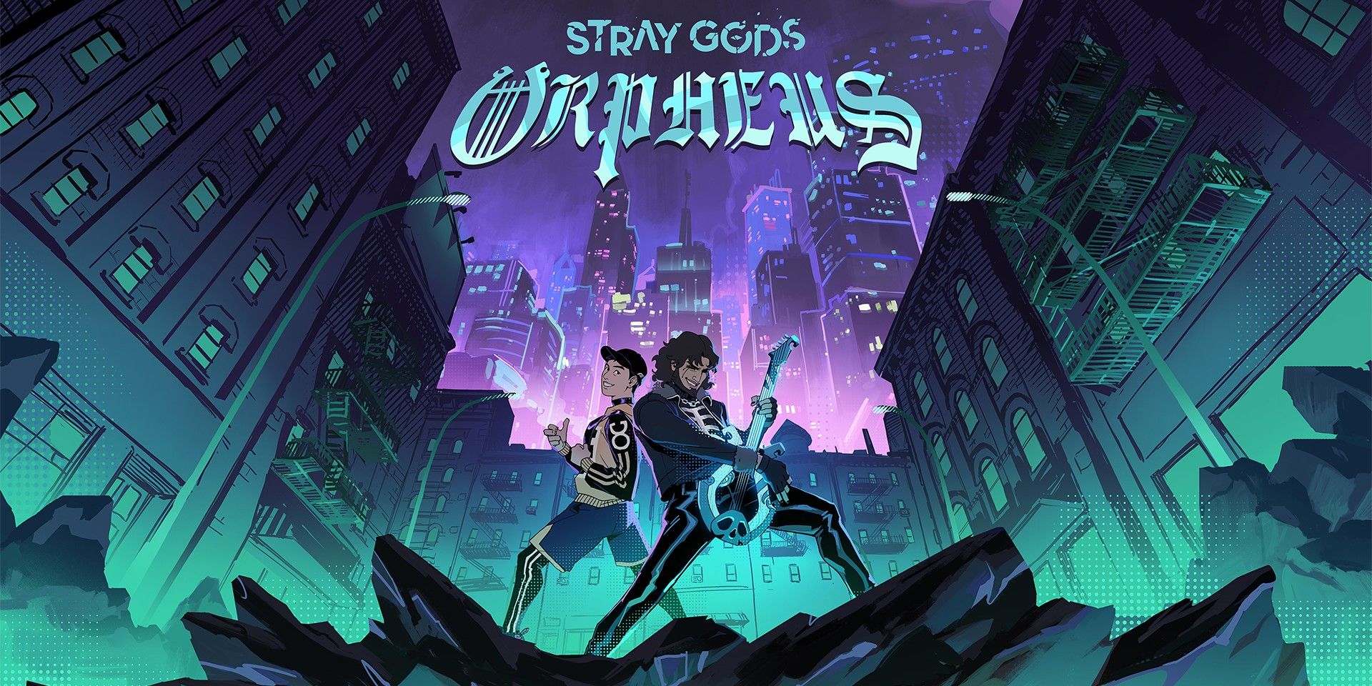 Stray Gods Orpheus Key Art yang memperlihatkan Hermes dan Orpheus, yang terakhir sedang bermain gitar, berdiri saling membelakangi di kota pada malam hari dengan judul di atas.