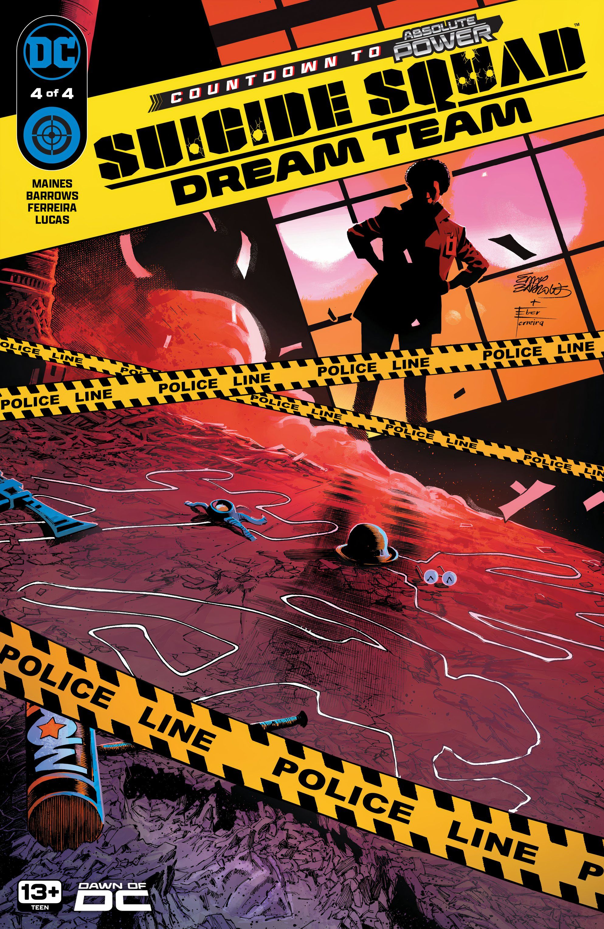 Capa principal do Esquadrão Suicida Dream Team 4: Amanda Waller analisa evidências em uma cena de crime com fita policial.