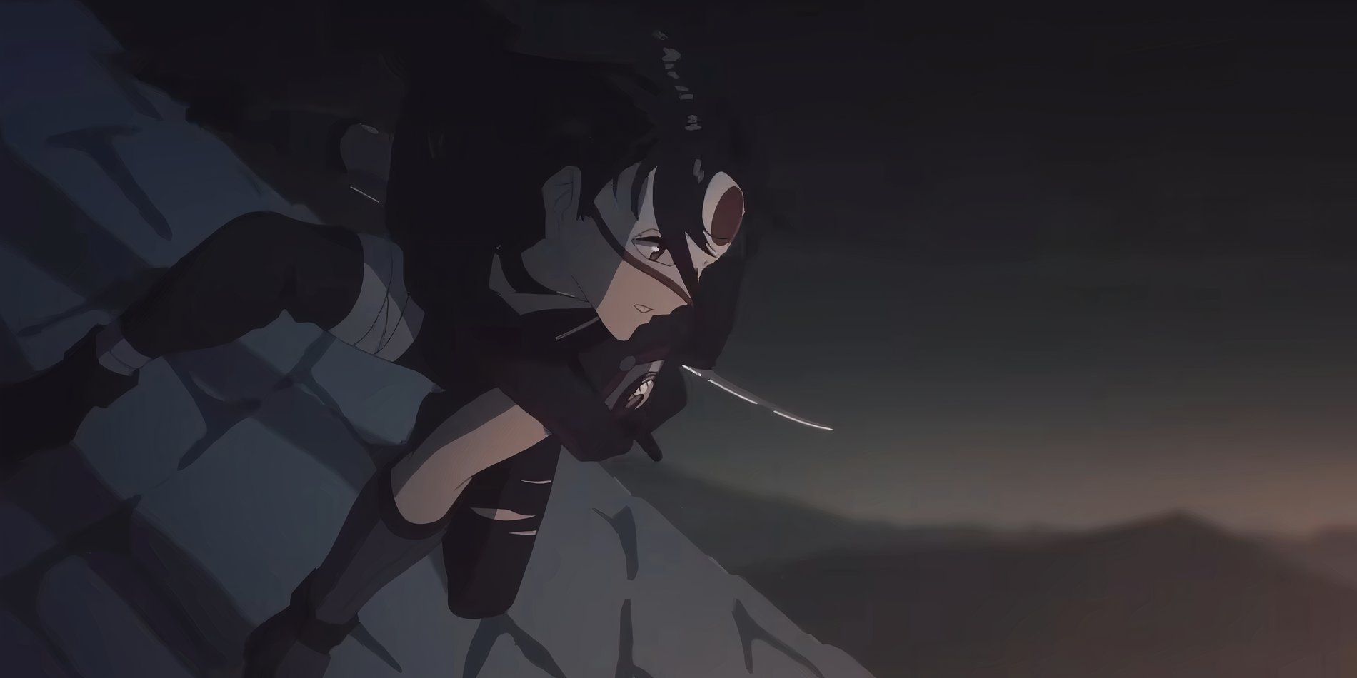 A imagem da abertura do anime Isekai do Esquadrão Suicida mostra Katana agachada em um prédio alto e inclinado com sua espada posicionada atrás dela enquanto ela olha para longe.