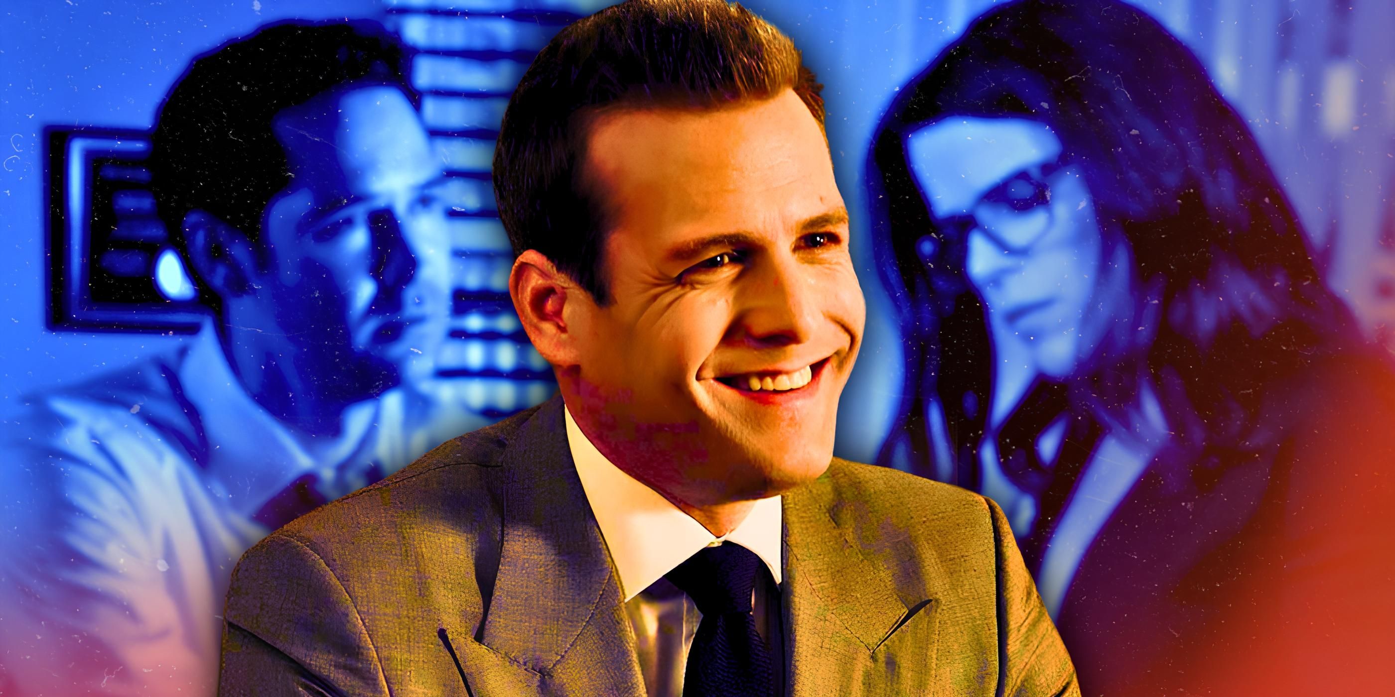 Gabriel Macht as Harvey in Suits in the center with Mickey Haller and Maggie McPherson from The Lincoln Lawyer blurred in the background