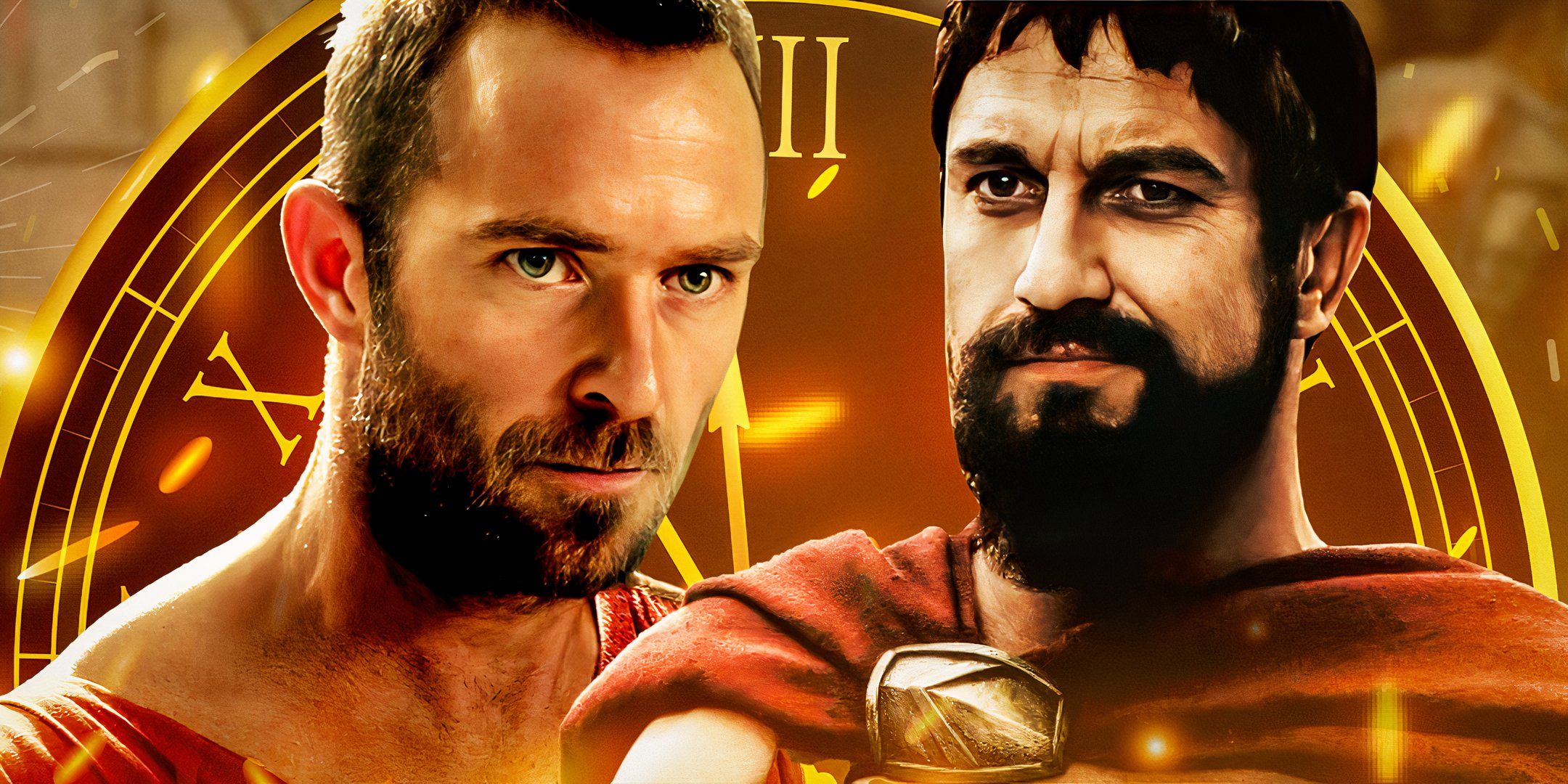 Sullivan Stapleton as Themistokles from 300 Rise of an Empire and Gerard Butler as King Leonidas from 300