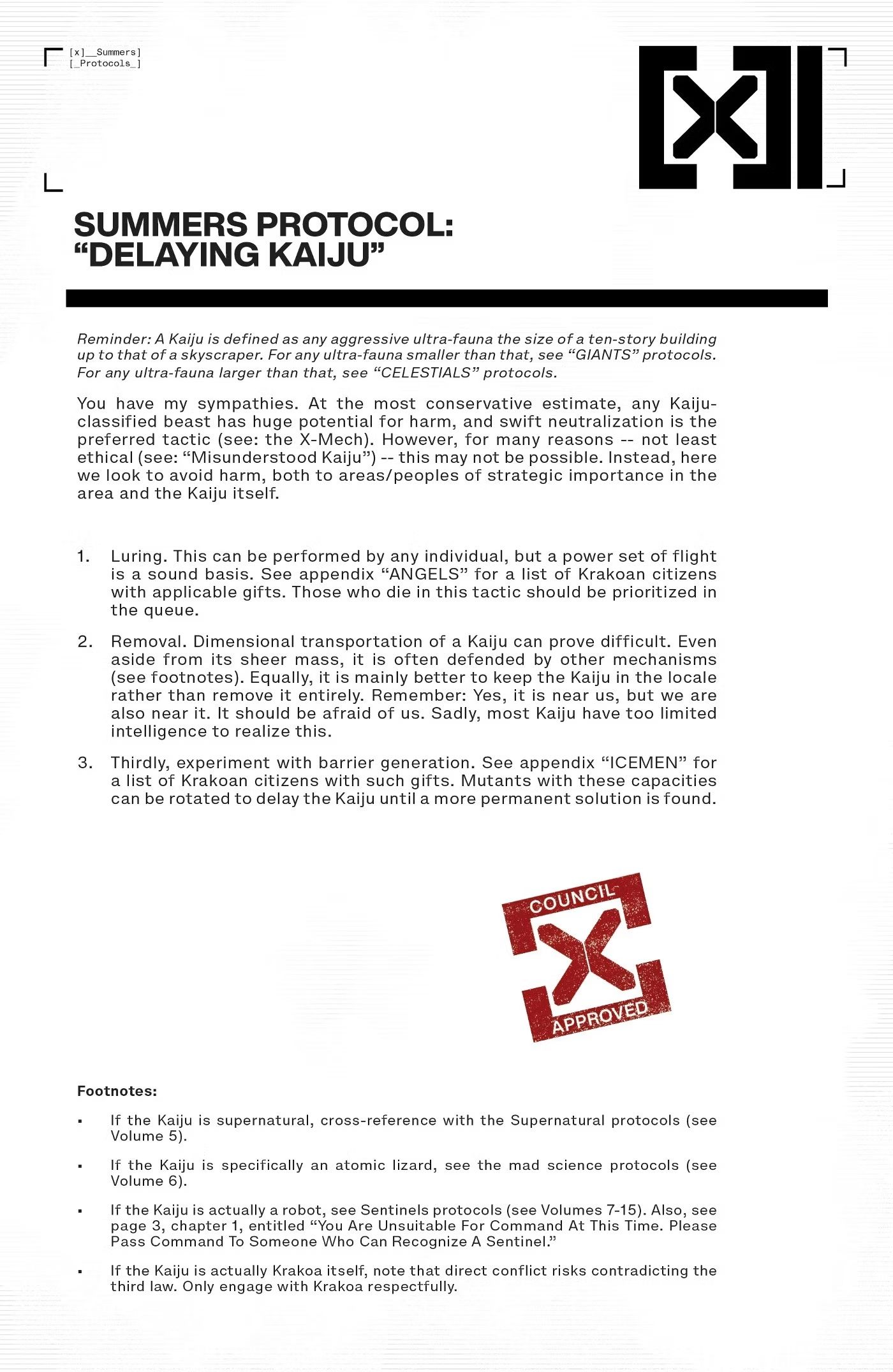X-Men's Summers Protocol: Delaying Kaiju, written instructions from Cyclops on handling Kaiju threats. 