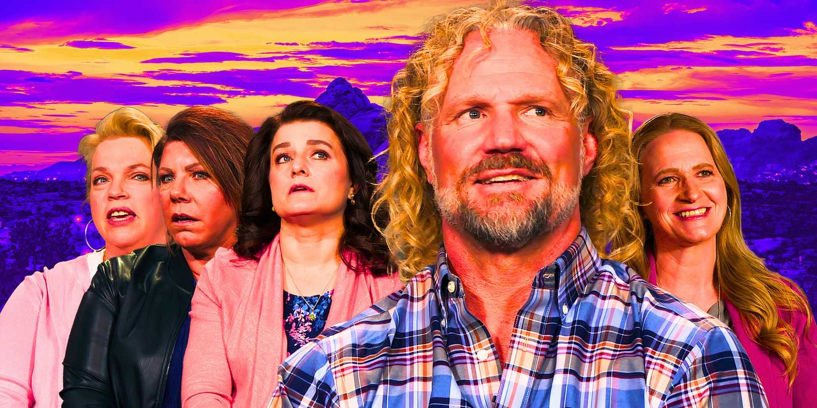 Sister Wives Kody Brown in front, with Meri, Janelle, Christine & Robyn Brown behind him