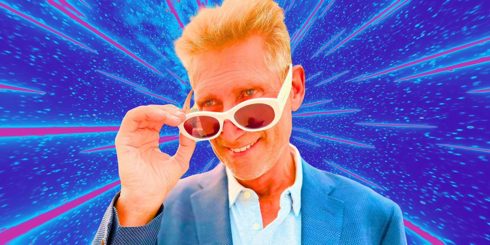 image of gerry turner with white sunglasses on and blue background