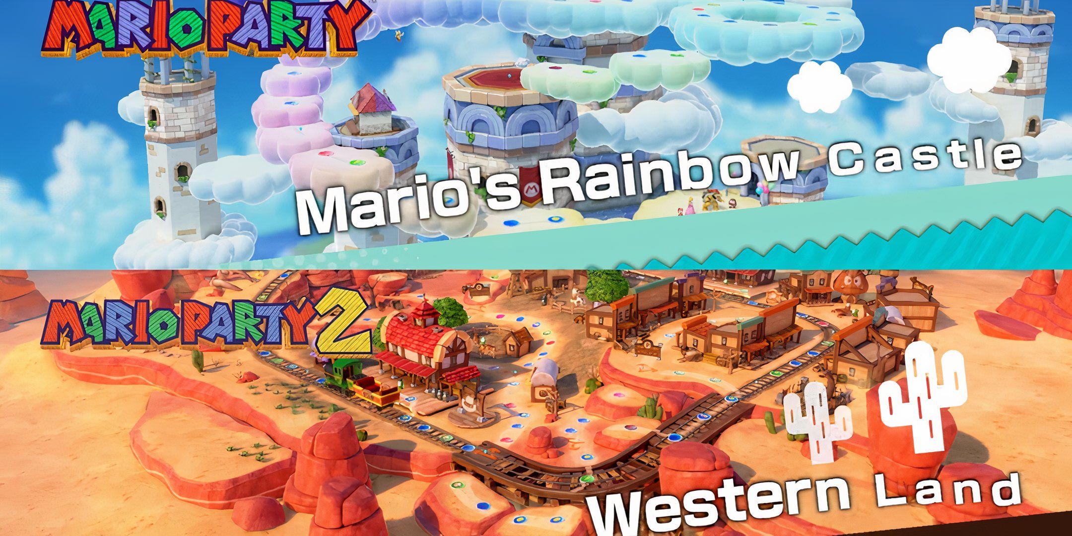 Imagem de Super Mario Party Jamboree com dois níveis de jogos anteriores de Mario Party