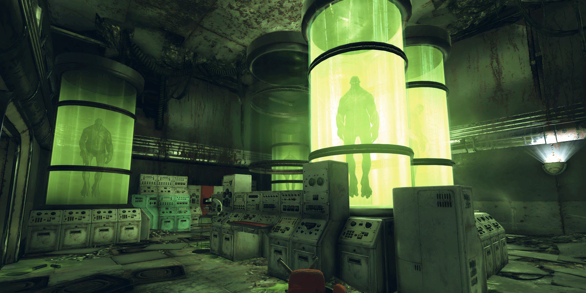 Super Mutants lie in stasis within green tubes at a West Tek research facility in Fallout 76.