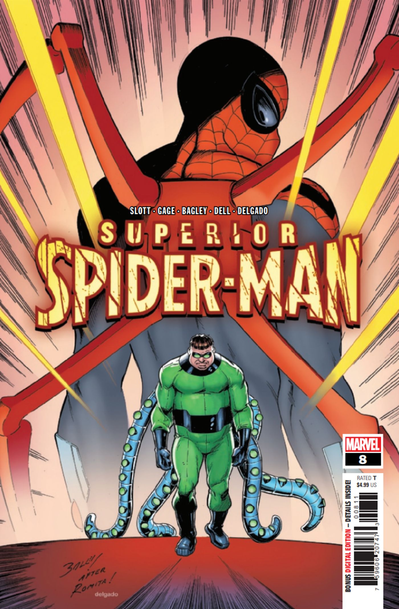 Superior Spider-Man #8 cover Doctor Octopus walks away from a bigger Superior Spider-Man.