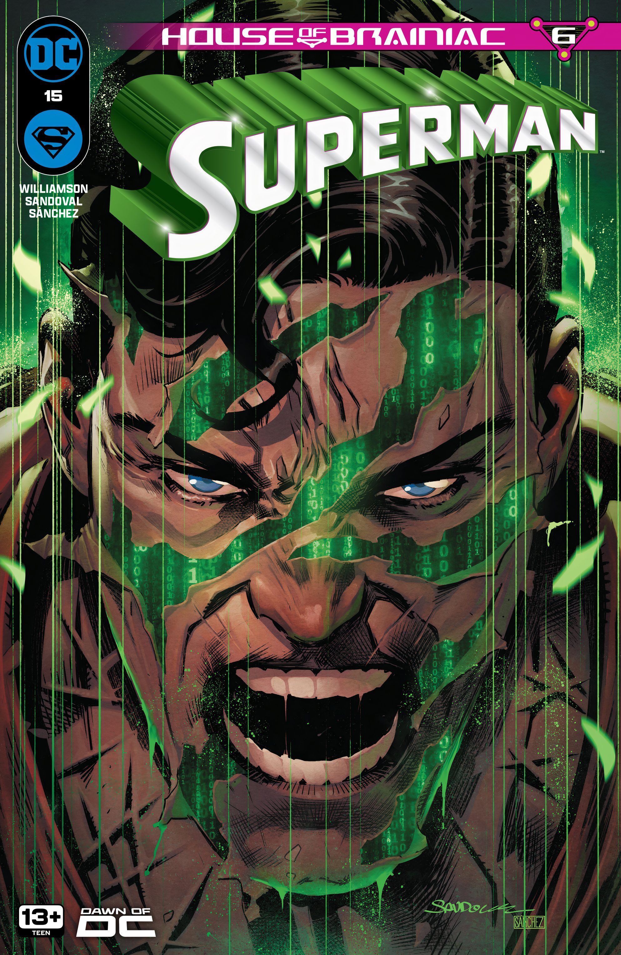 Capa principal do Superman 15: Superman corrompido pelas cicatrizes verdes de Brainiac.