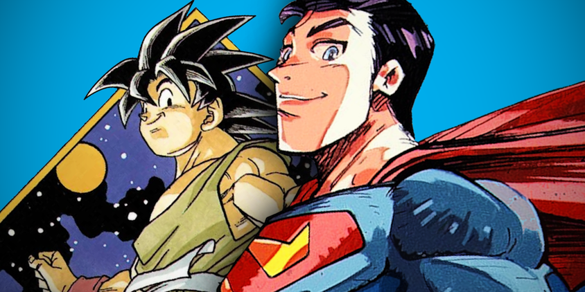 Superman and Goku in the style of Akira Toriyama