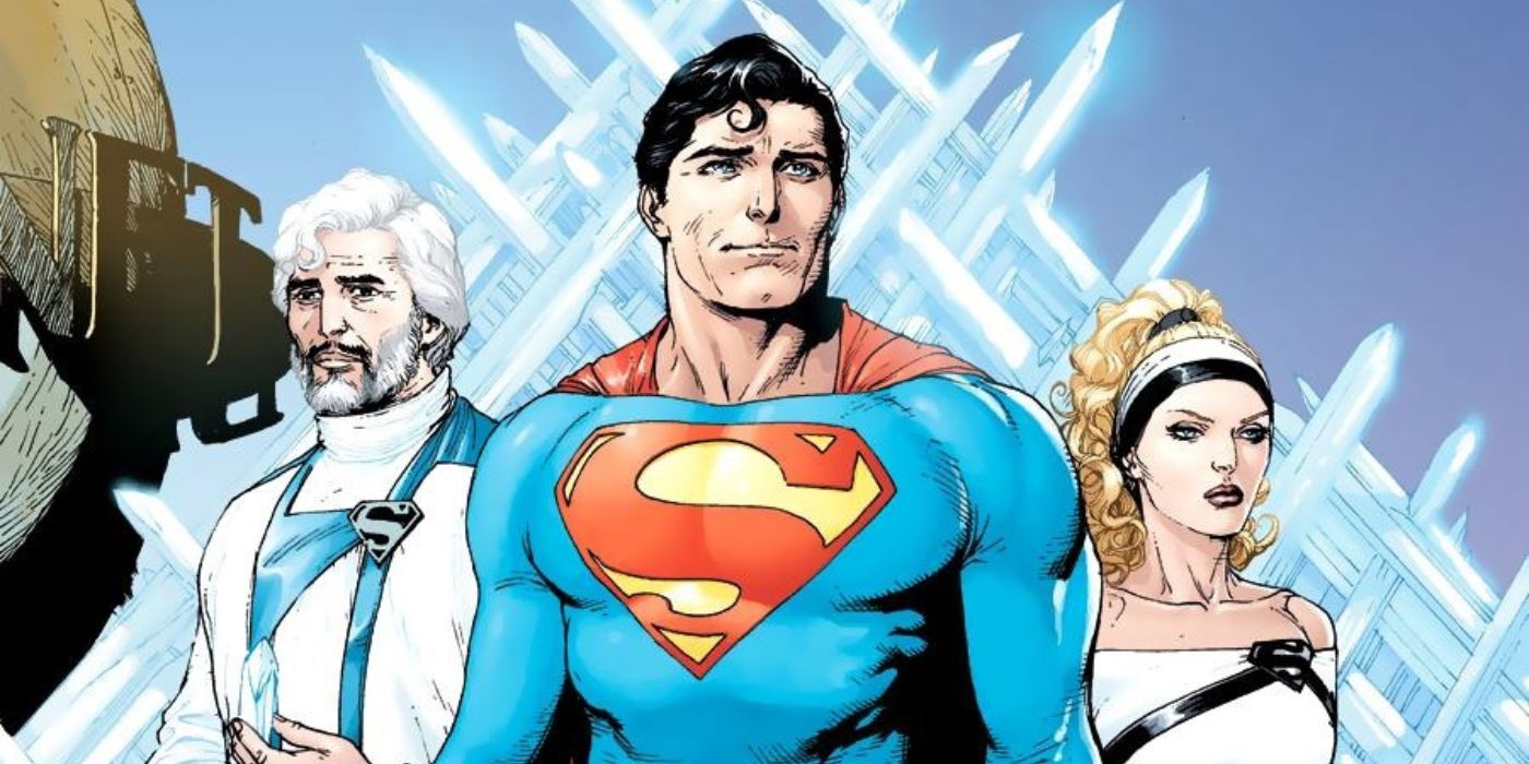 Arte de quadrinhos: Superman fica entre Jor-El e Lara em frente à fortaleza da solidão.