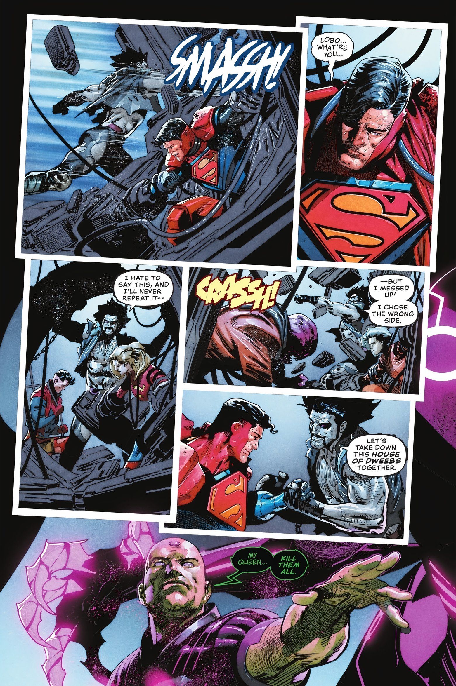 Seis painéis de Lobo libertando Superman de Brainiac