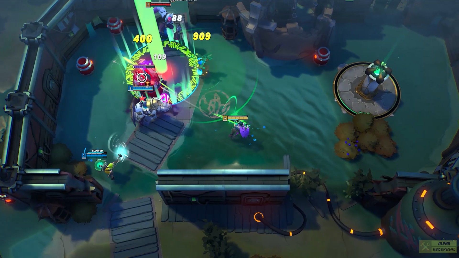 Supervive combat showing a green glowing area with numbers above it showing damage being dealt, the players are in a lake-like area.