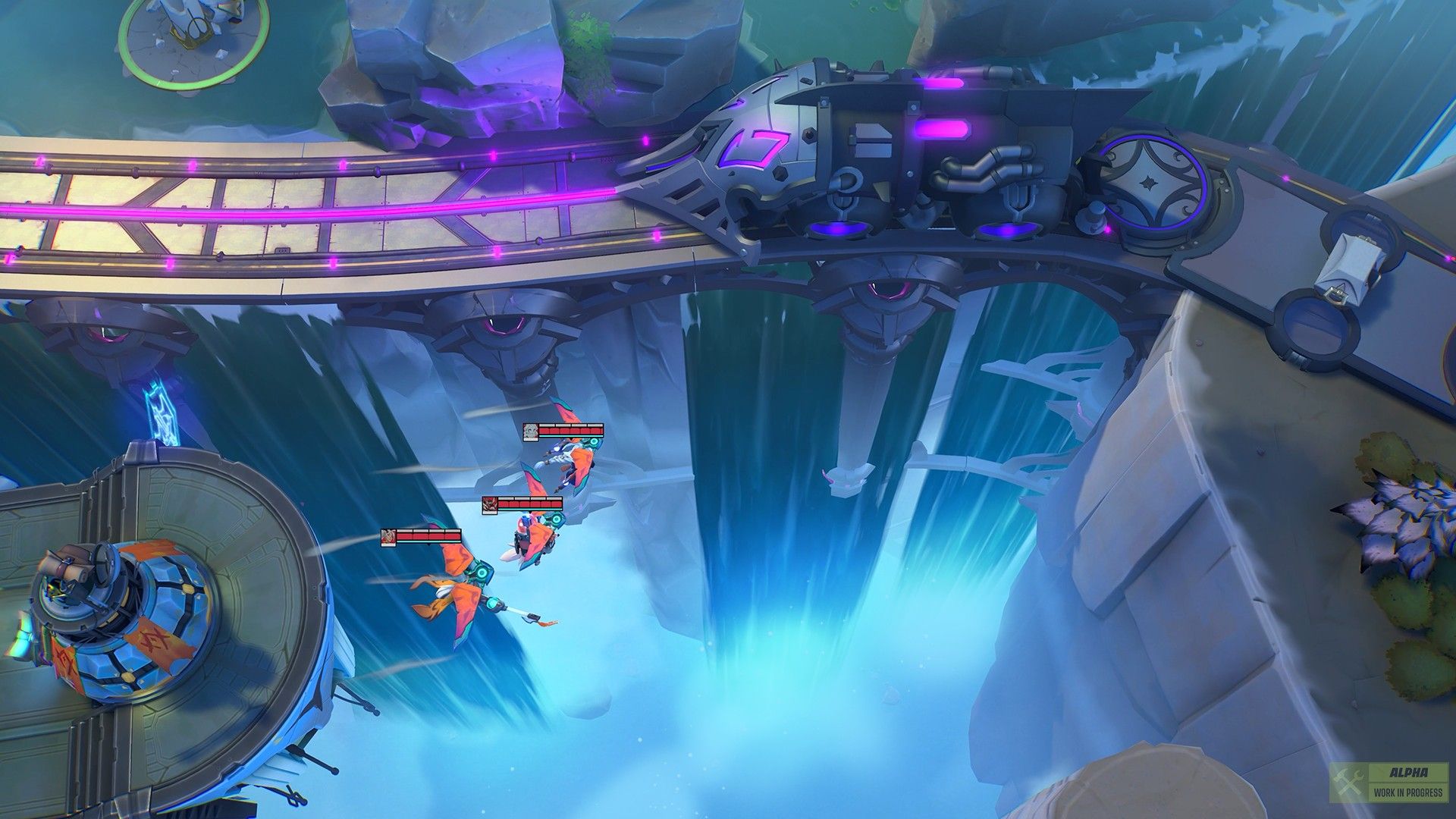 Supervive three players using gliders to cross a large gap, above them you can see a bullet train on a track.