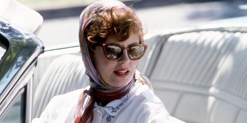 Susan Sarandon as Louise Wears Sunglasses Behind the Wheel of a Car in Thelma and Louise