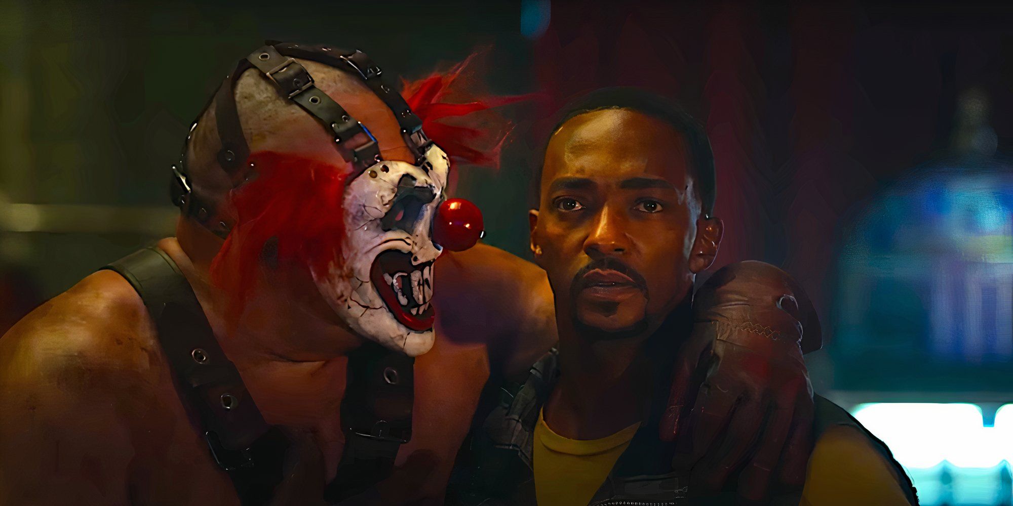 Sweet Tooth menaces John Doe, who looks on with worry, in a scene from Twisted Metal season 1