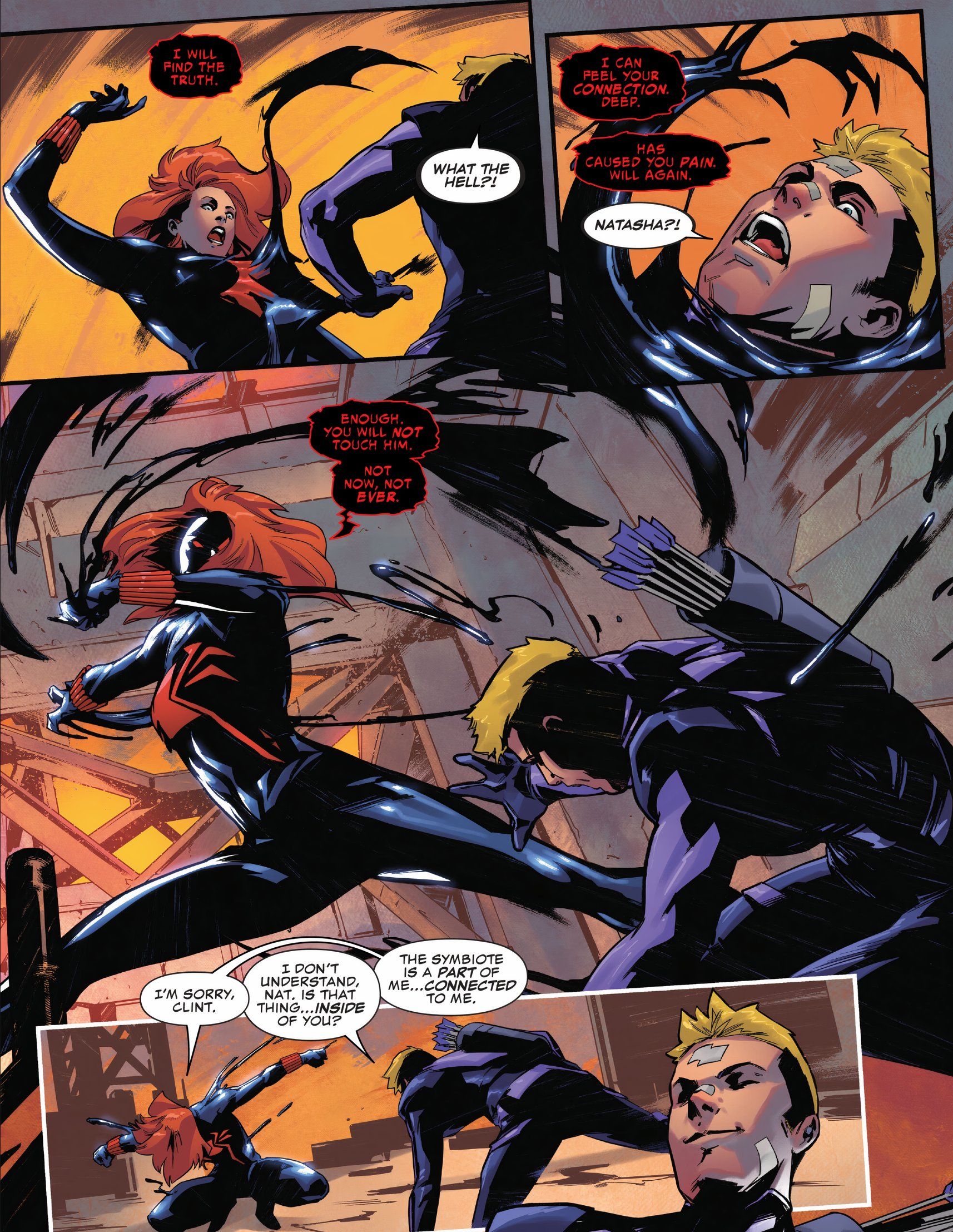 Natasha's symbiote lashes out at Hawkeye.