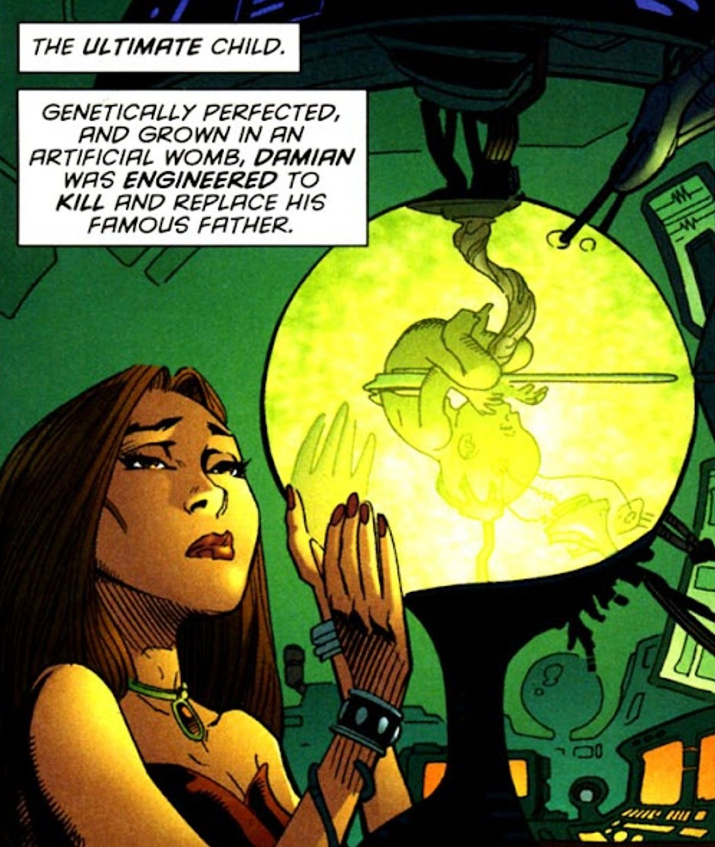 Comic book panel: Talia al Ghul looks at Damian Wayne's fetus in a green lab womb.