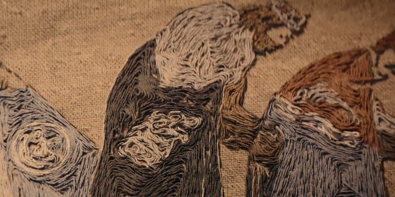 Arte de tapeçaria da Casa Arryn, Stark e Tully ajoelhados nos créditos de abertura da Casa do Dragão
