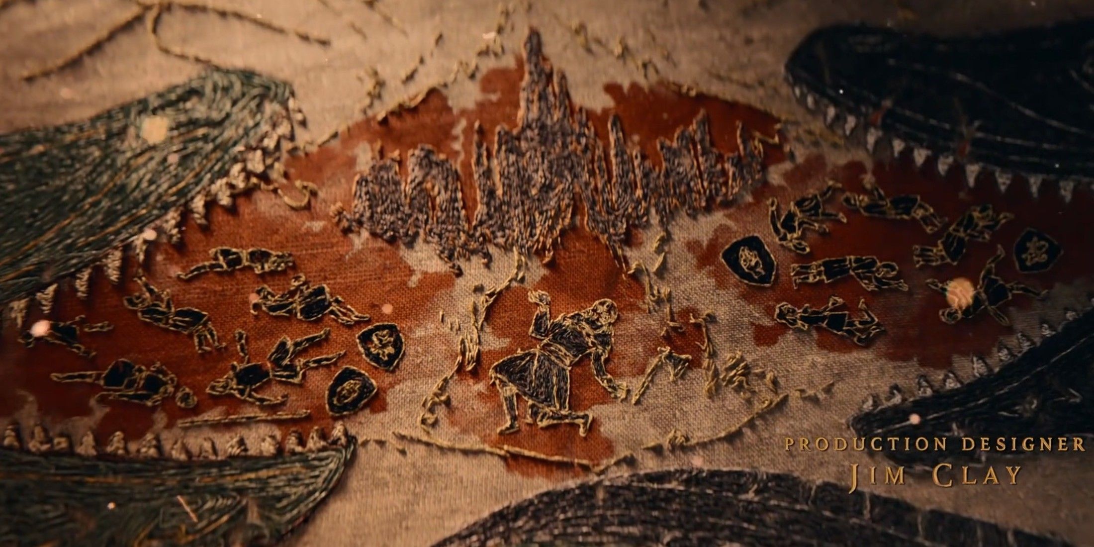 Tapestry art of the burning of Harrenhal in House of the Dragon's season 2 opening credits