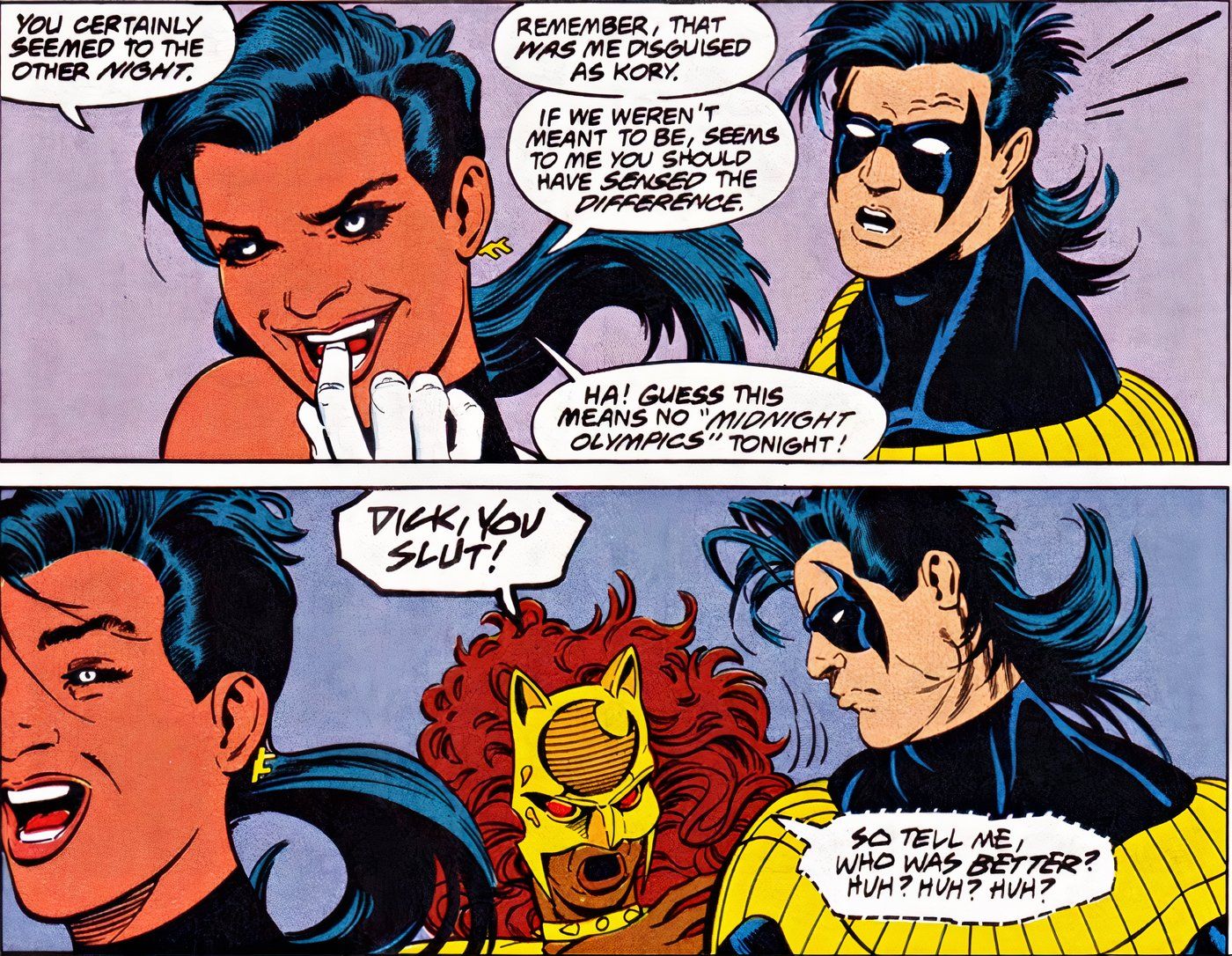 Team Titans #2 Starfire chamando Nightwing de vagabunda após seu encontro com Mirage 