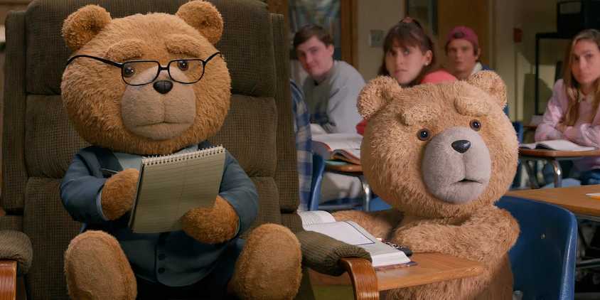 A composite image of Ted sitting in an office chair taking notes with Ted looking shocked in class in the Ted TV show