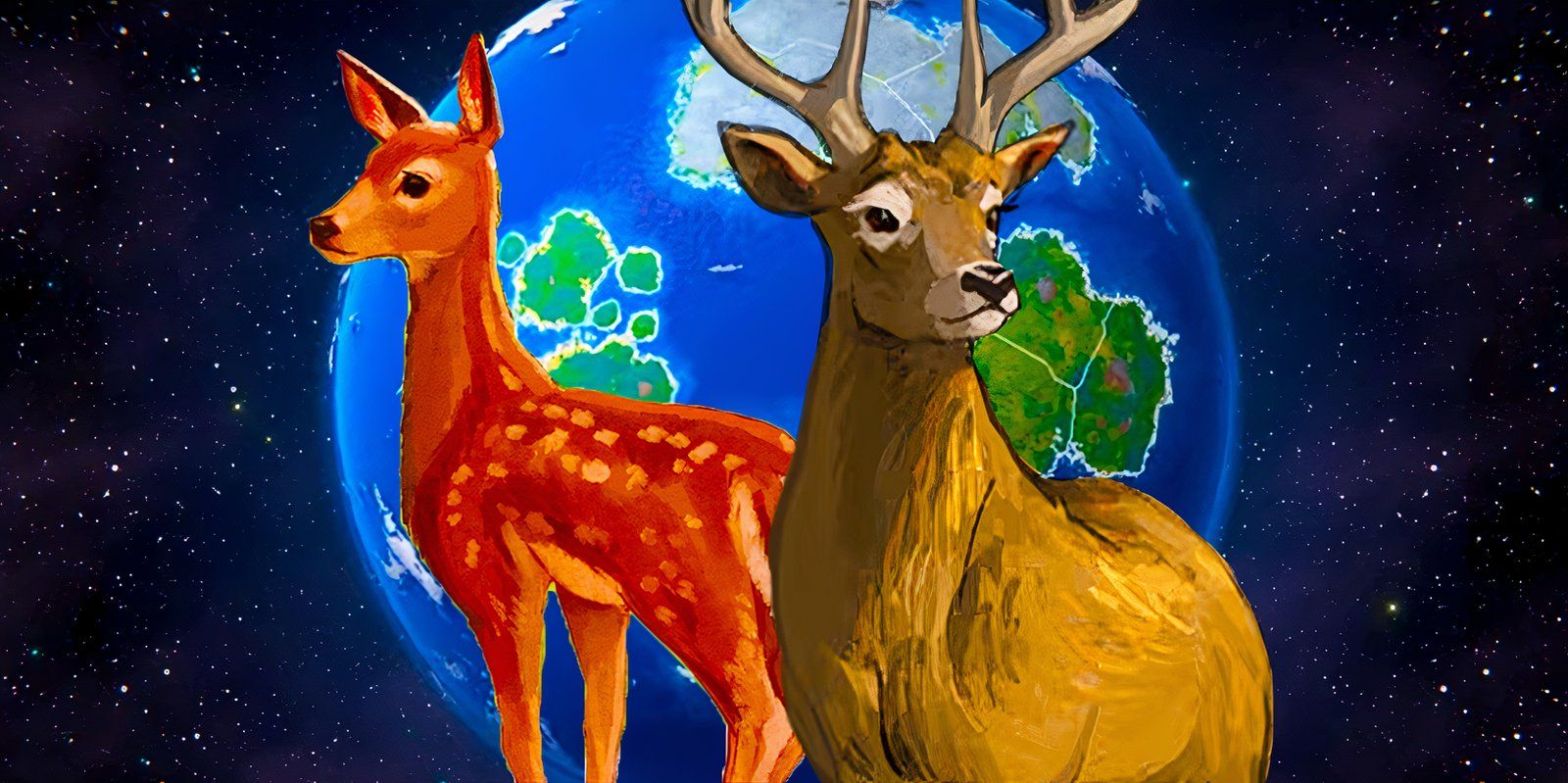 Terra Nil Vita Nova deer with a planet in the foreground.