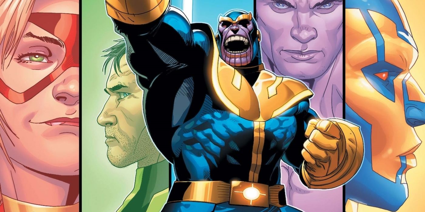 Thanos screaming with members of the Infinity Watch behind him.