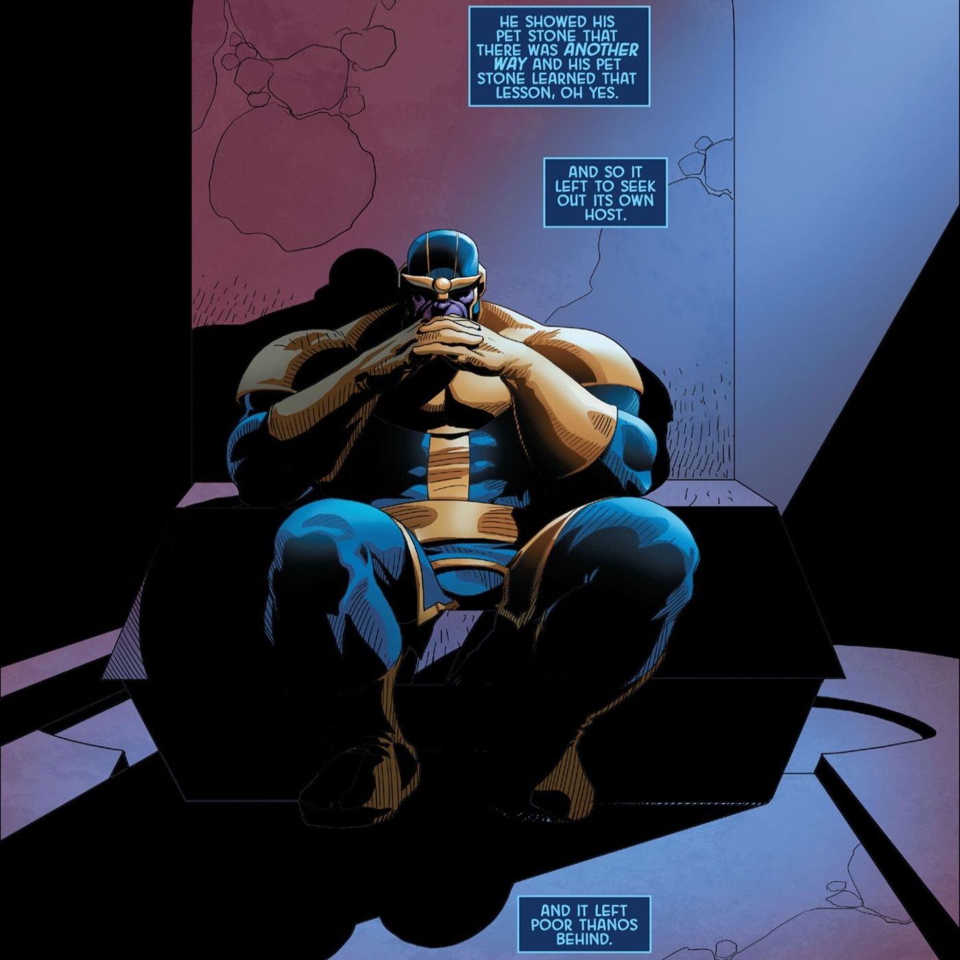 Thanos sitting alone in darkness after the Death Stone abandoned him.