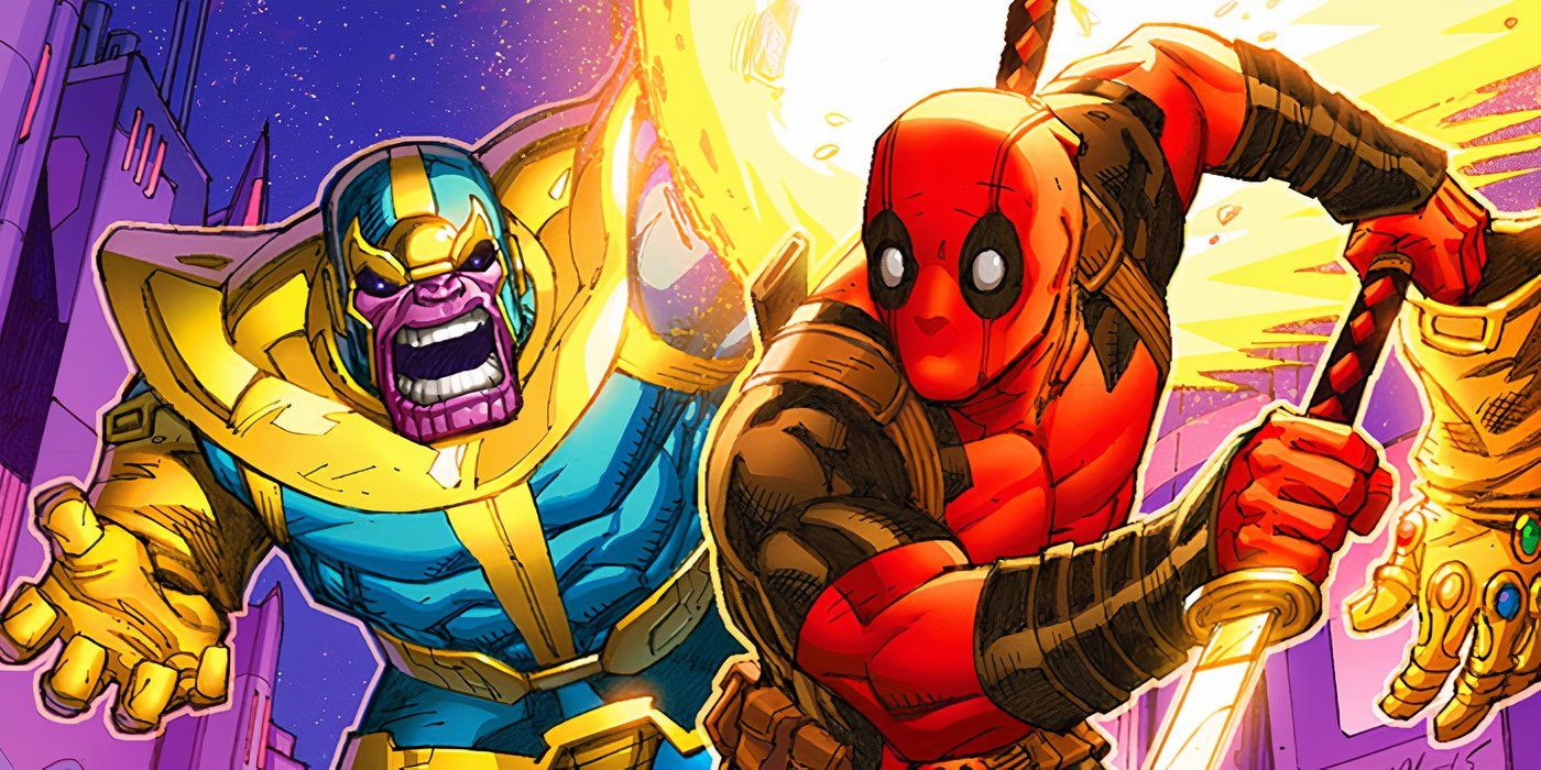 Thanos chasing Deadpool in Marvel Comics