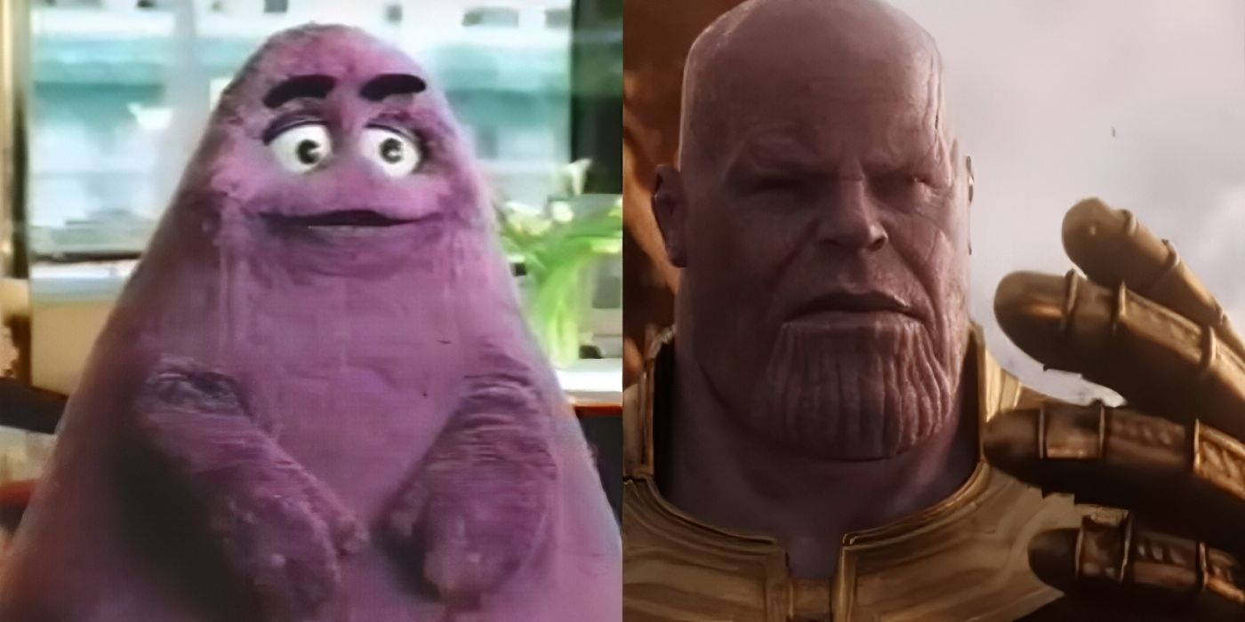 Imagem dividida lado a lado de Thanos do MCU e Grimace do McDonald's.