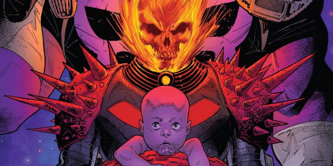 Cosmic Ghost Rider usando o bebê Thanos no peito.