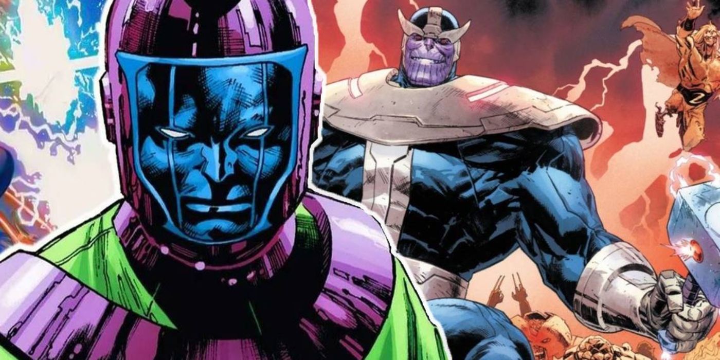 Kang the Conqueror with Thanos behind him from Marvel Comics.