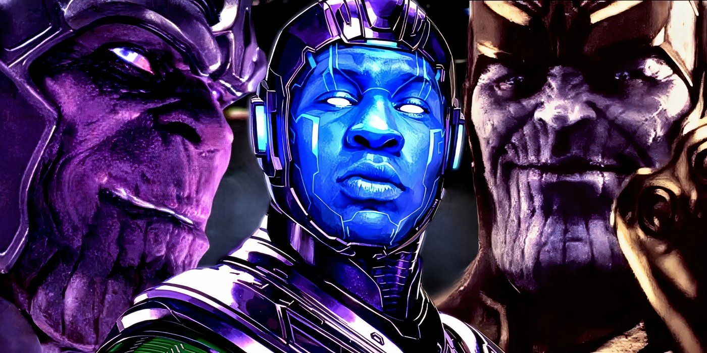 Two versions of Thanos from the MCU behind an MCU version of Kang the Conqueror.