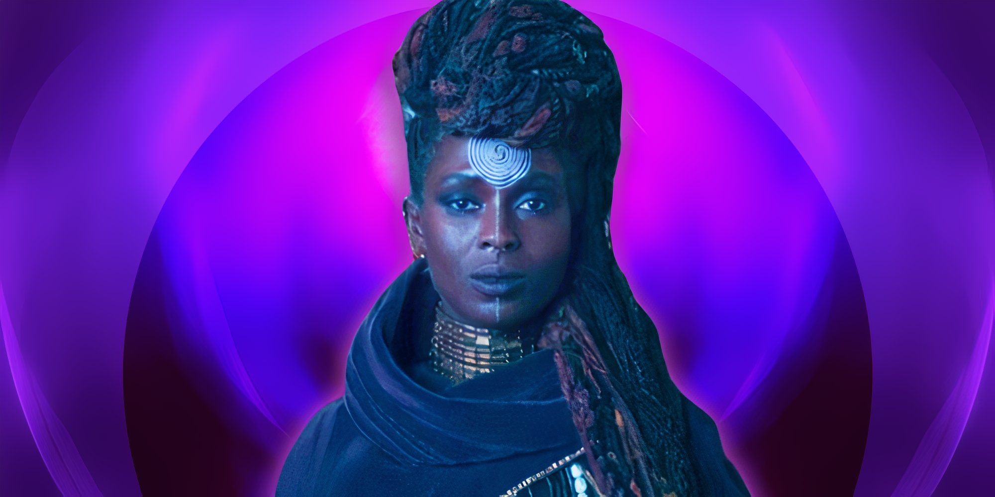 Jodie Turner-Smith as Mother Aniseya in The Acolyte, edited over a pink and purple background