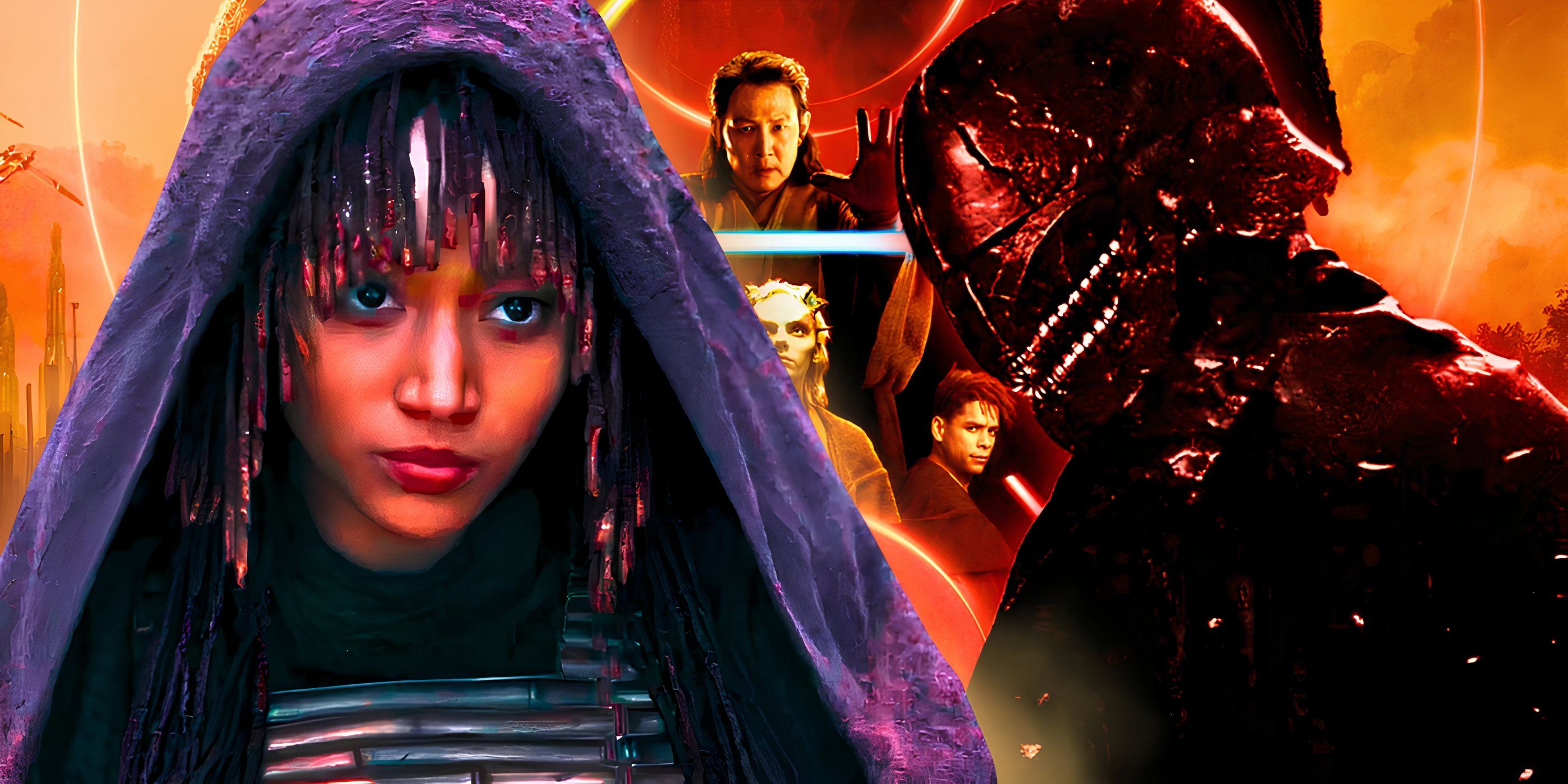 Amandla Stenberg as Mae from The Acolyte next to the mysterious Sith warrior