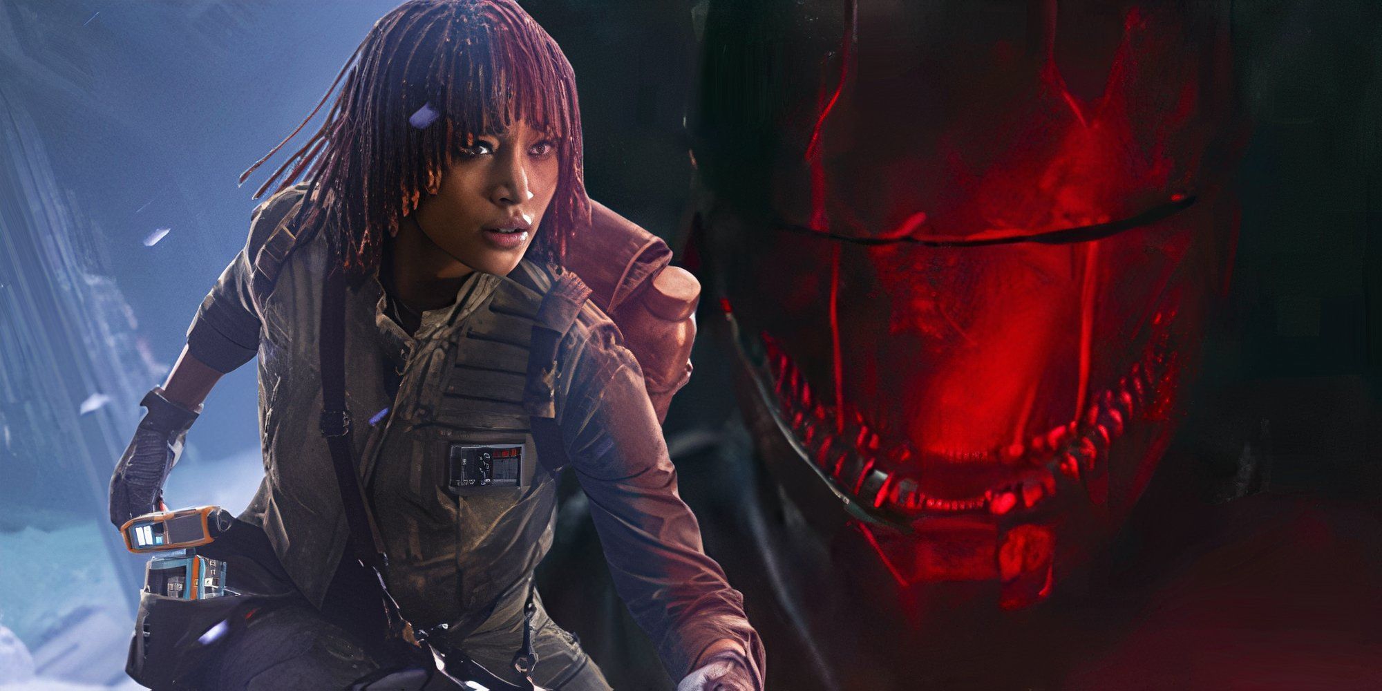 Amandla Stenberg as Osha in her character poster for The Acolyte (2024) next to the show&rsquo;s Sith Lord bathed in red light