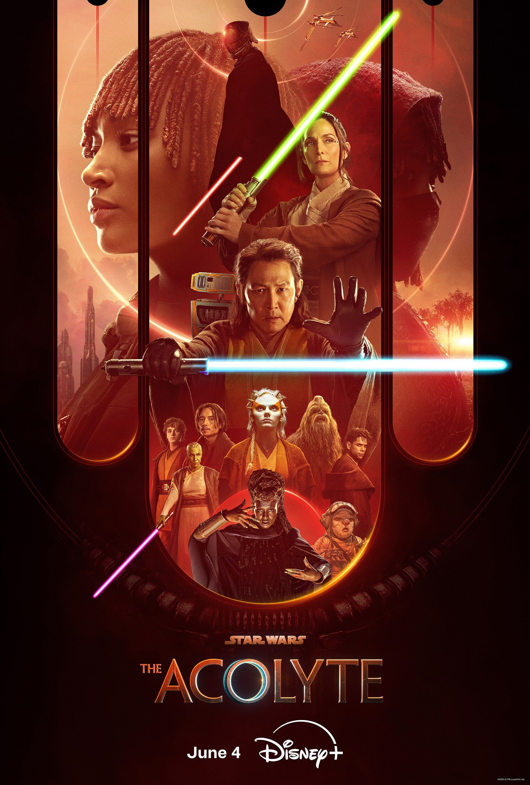 El póster del Acólito que muestra la Orden Jedi, Mae y un Señor Sith sosteniendo sables de luz
