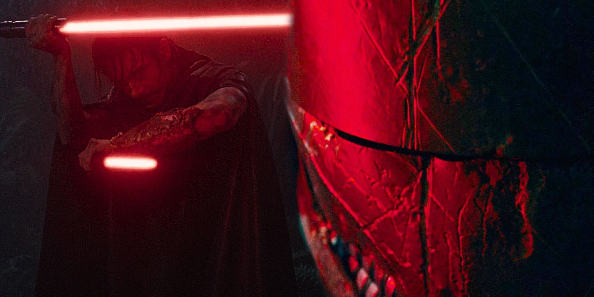 Qimir from the Acolyte holding up two red lightsabers to the left and a close up of the Stranger's mask to the right all in a red hue in a combined image