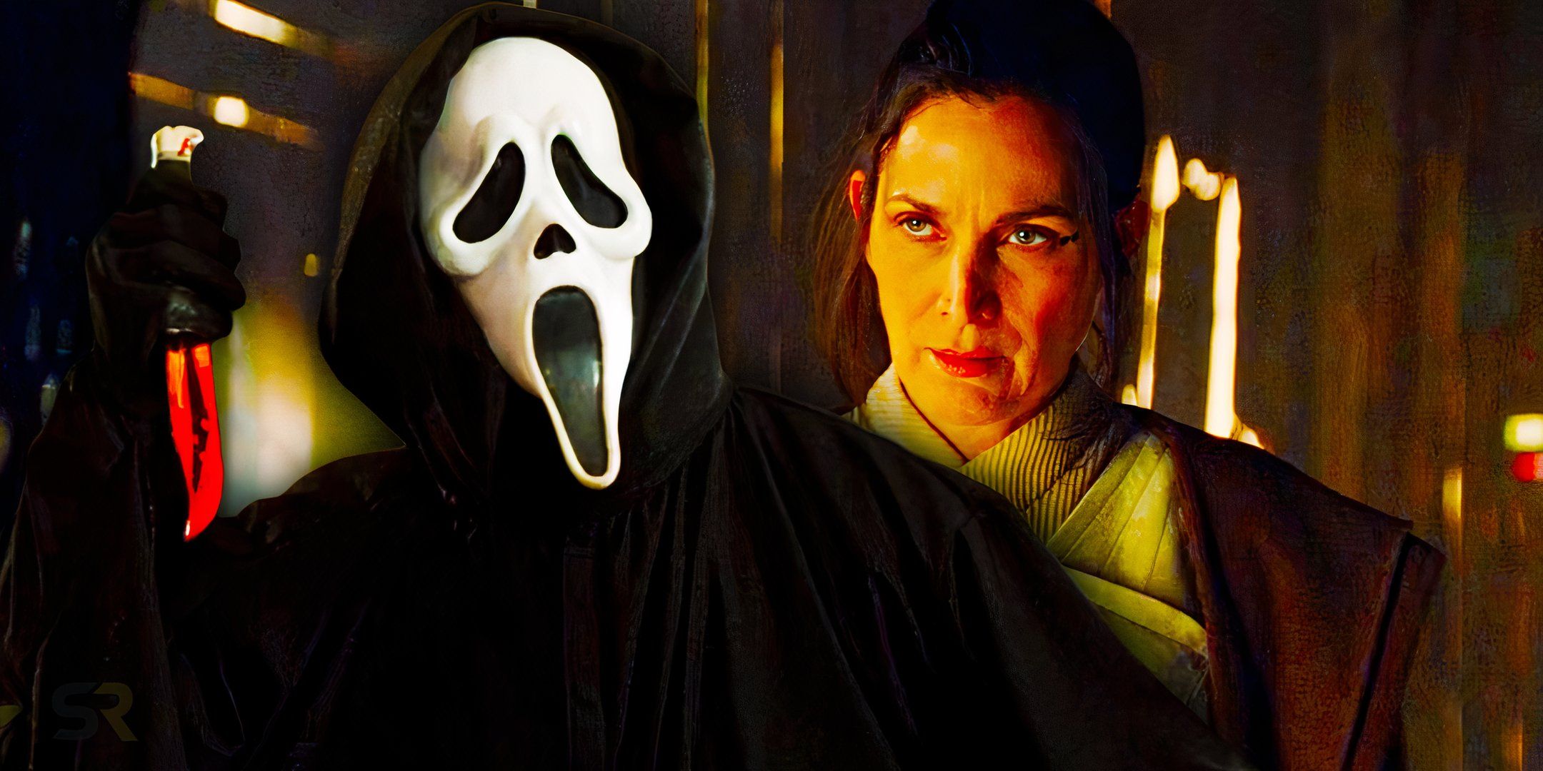 Ghost Face from Scream 1996 and Carrie-Anne Moss as Master Indara from Star Wars: The Acolyte