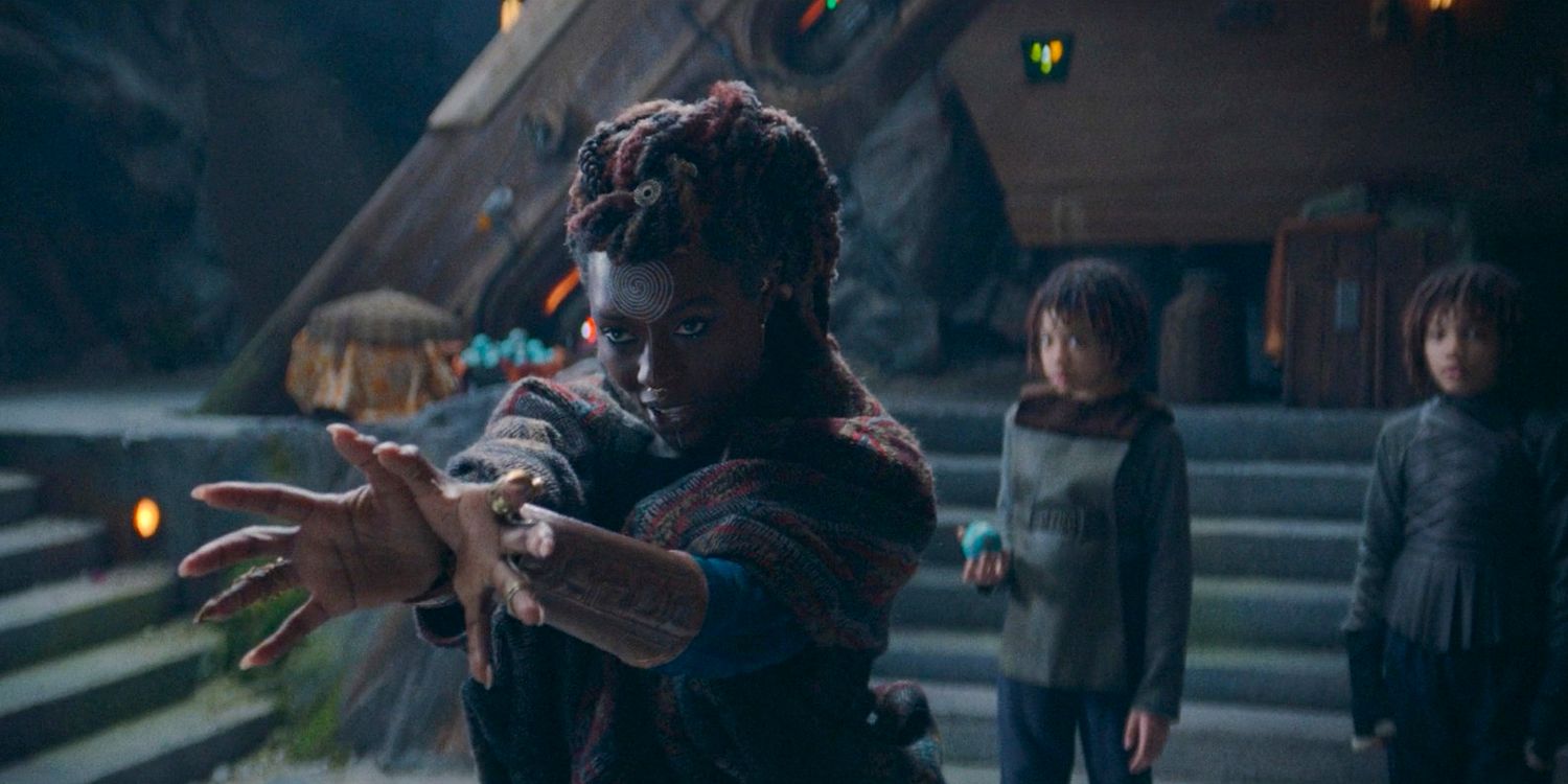 Mother Aniseya (Jodie Turner-Smith) using the force to protect little Mae and Osha in The Acolyte season 1 episode 3