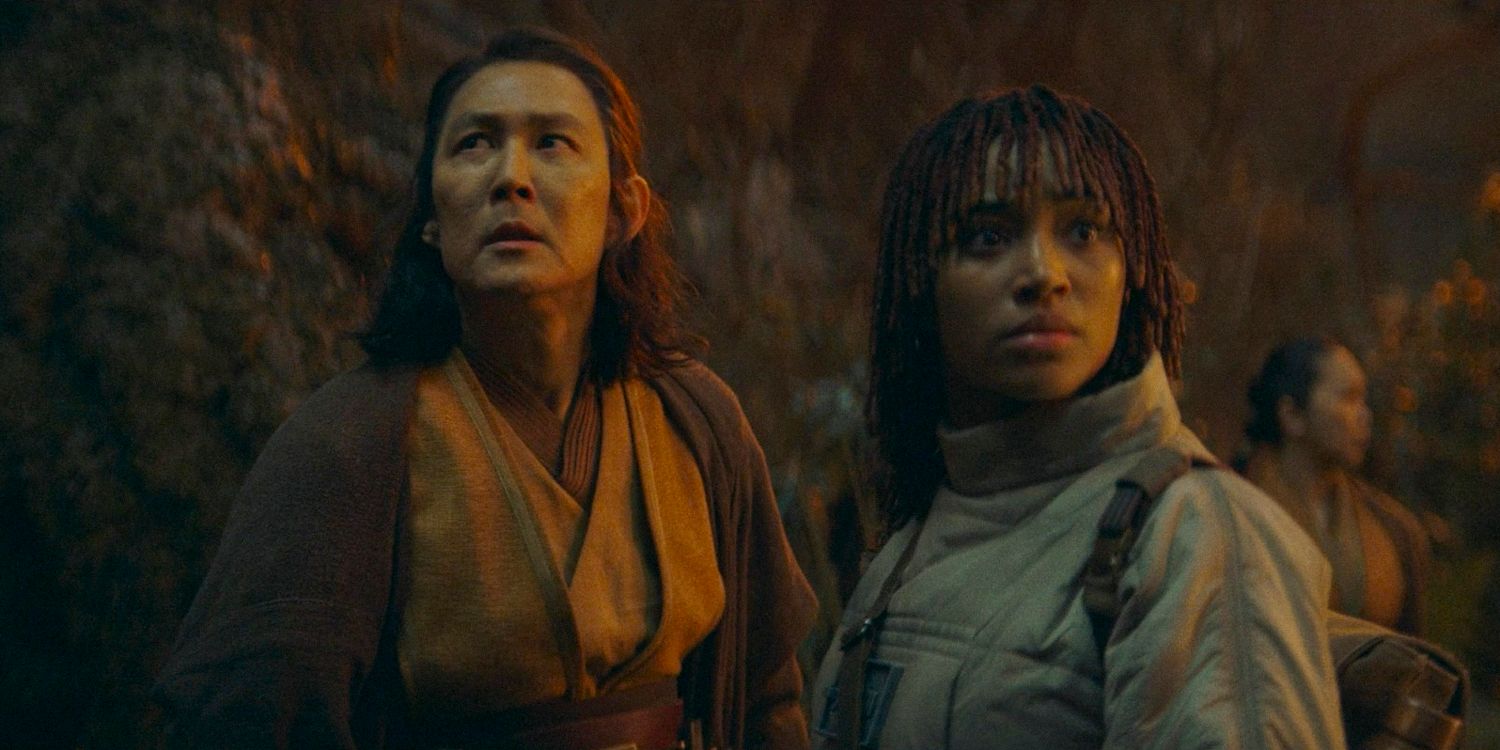 Master Sol (Lee Jung-jae) and Osha (Amandla Stenberg) with alert expressions, looking around in The Acolyte season 1 episode 4